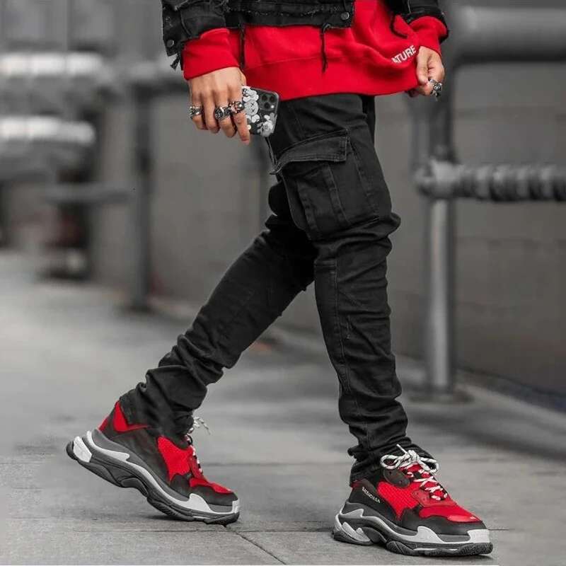 New Men's High Street Slim Fit Stretch Jeans Fashion Multi Pocket Cargo Denim Pants Elastic Jogging Hip Hop Trousers Plus Size