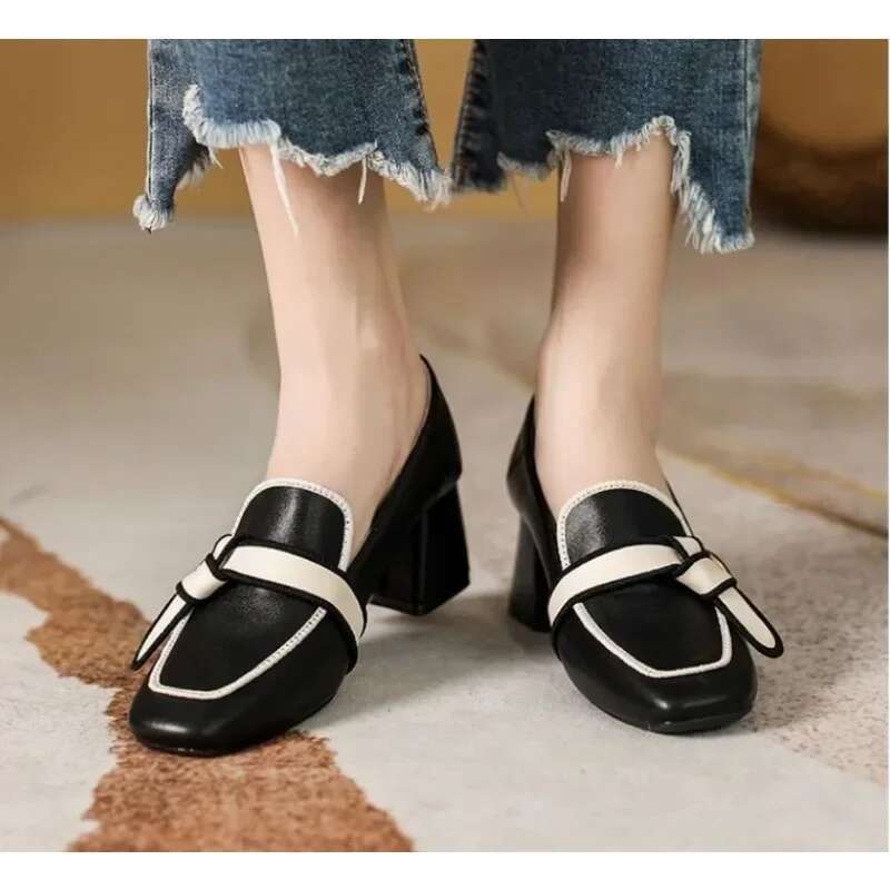 Woman French Thick Heeled Loafers Shoes For Women Autumn Trend Retro Leather With High Heels Wedding Shoes Atos De Mujer