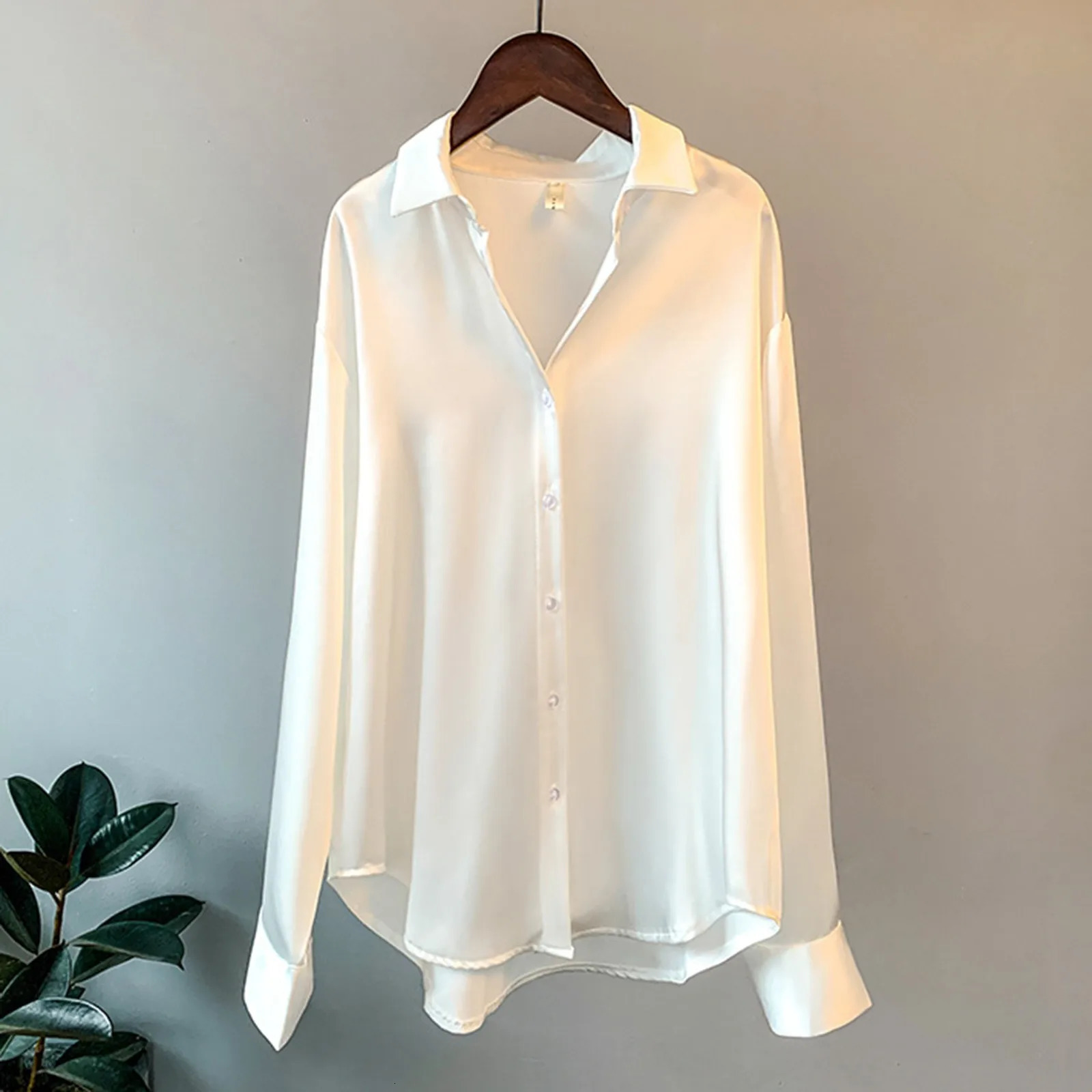 Silk satin office ladies elegant shirt and shirt Korean button satin womens retro long sleeved white top 250402