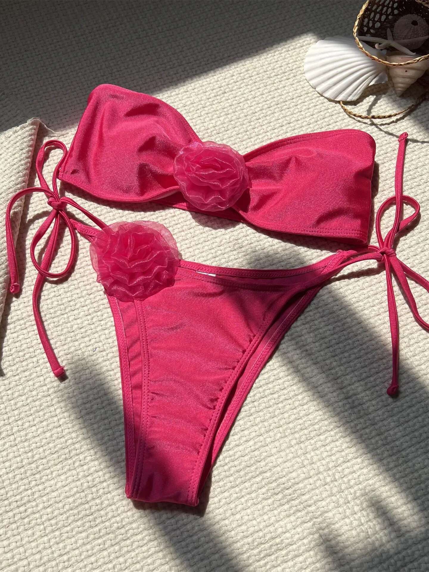 Dongdumaoyi Sexy Bandeau Bikini Women Pink D Floral Design Push Up Micro Swimsuit Brazilian Beach Bathing Suit Tie Side Thong Swimwear