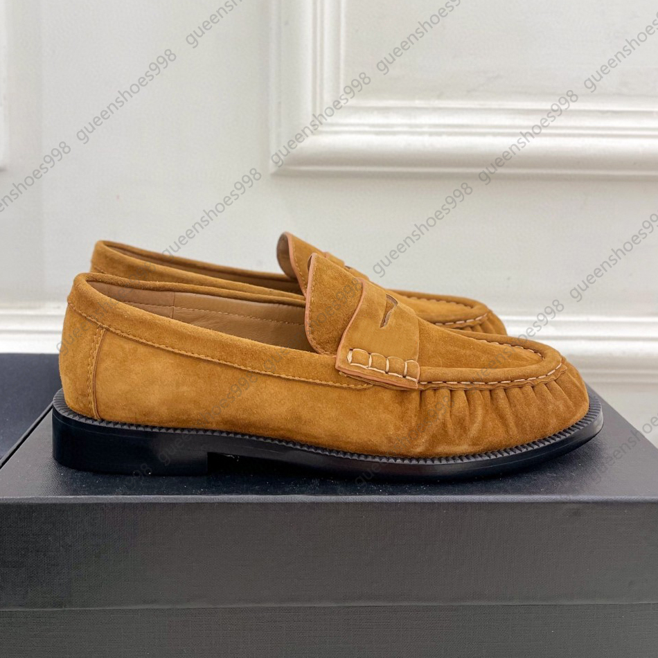 Top Quality Leather Loafers Women Flat Heel Luxurious Designer Dress Shoes Casual Pleated Frosted Leather Patchwork Stitching Round Toe Low Heels Party Shoe