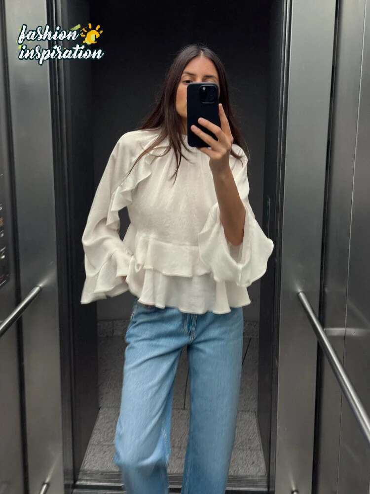 Elegant White Double Layered Ruffles Hem Women's Blouse Spring Round Neck Flare Full Sleeve Shirts New Summer Office Streetwear