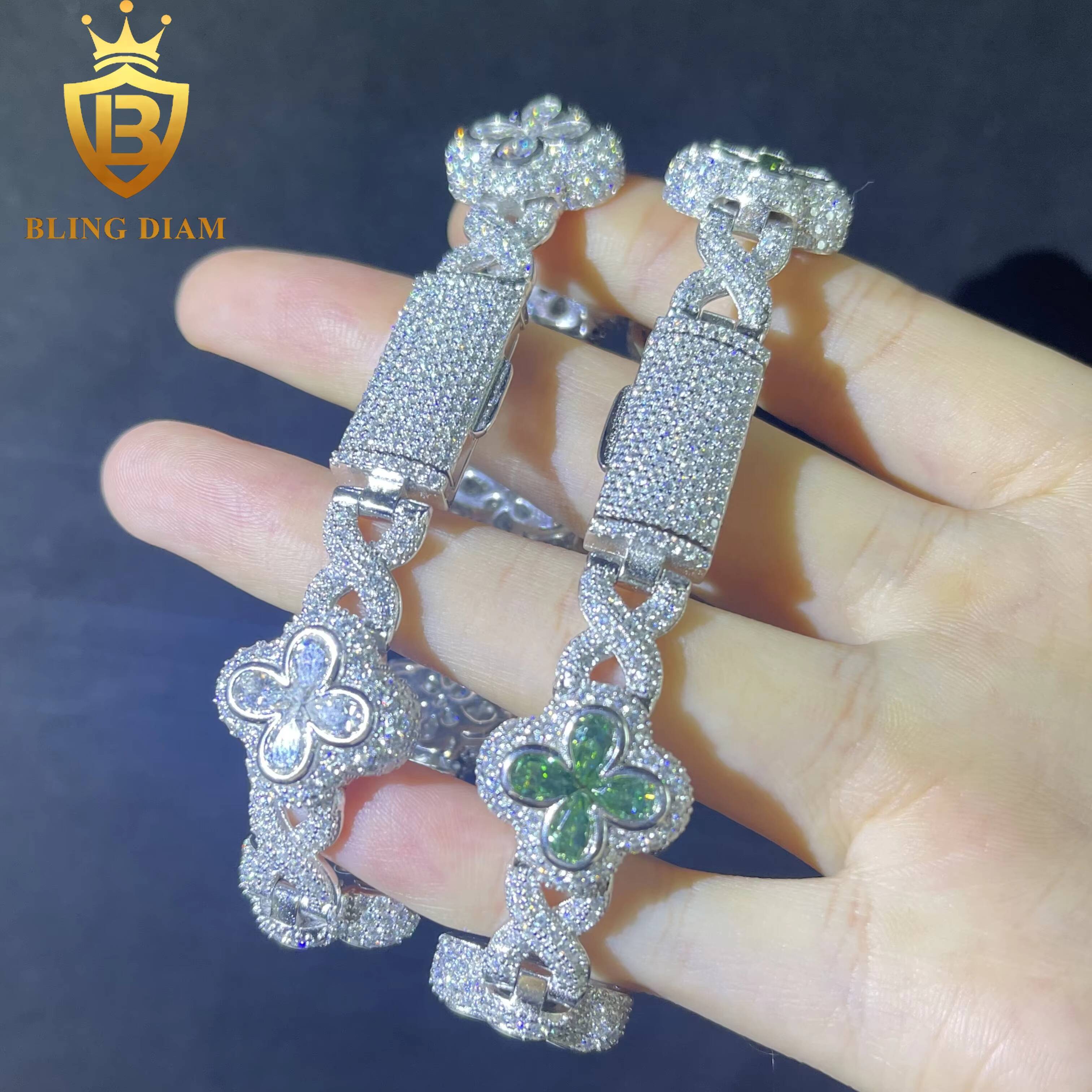 Iced Out Bracelet 4 Leaf Clover Flower 925 Sliver Fine Jewelry 18mm Green Stone Vvs Pear Cut Moissanite Gra Certificate