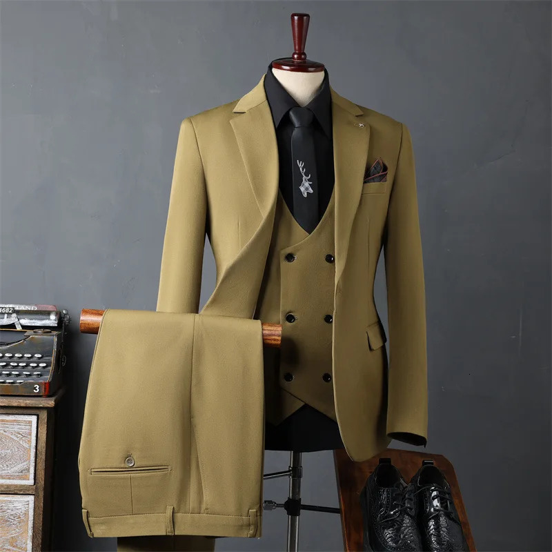 Mens casual suit formal banquet elegant slim fit jacket vest pants 3 pieces evening dinner mens classic business suit 250402