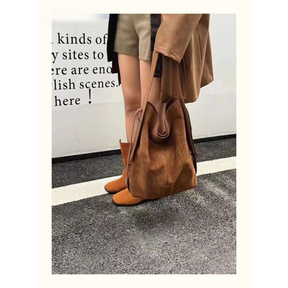 Ins Chic Slouchy Style Soft Touch Bucket Tote Big Genuine Suede Leather Women Shoulder Bag Matte Nubuck Office Ladies Handbag