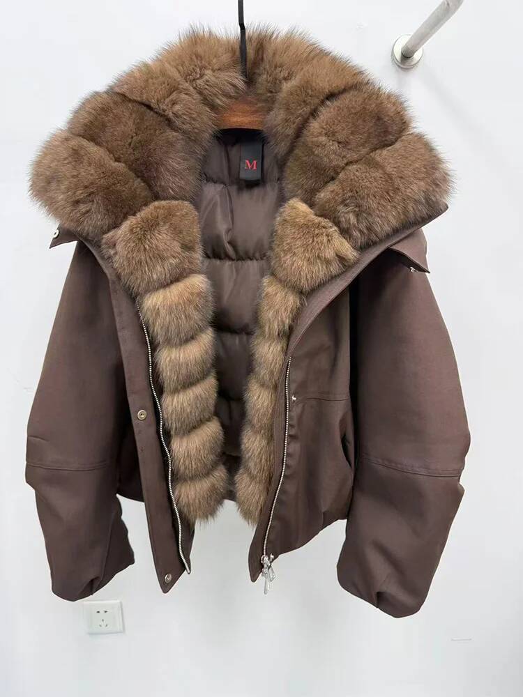 New Fashion Winter Casual Puffer Jackets Natural Fox Fur Collar Coat Short Goose Down Jacket Luxury Women Parkas Clothing