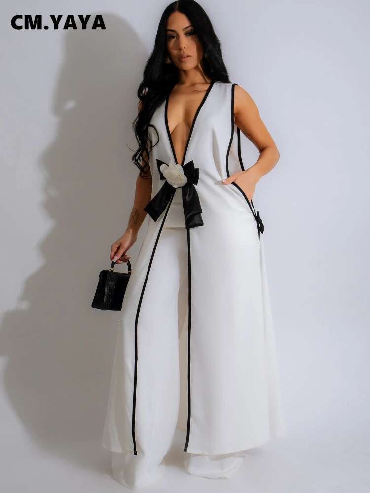 Women Set 3D Wer Sleeveless V-Neck X-Long Shirt Coats + Wide Leg Pants Two 2 Piece Sets Fashion Outfits Summer