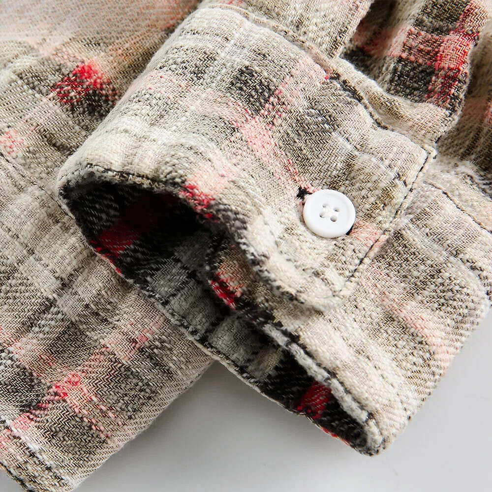 Gradient Dyed Plaid Long Sleeve Mens Pocket Embroidery High Street Lapel Single Breasted Shirts Men Cotton Tops