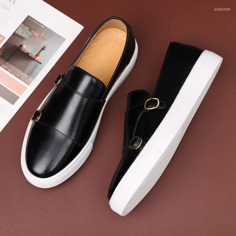 Casual Shoes 's Vulcanize Double Buckle Monk Sports Brown Slip-On Solid Handmade Sneakers Mens