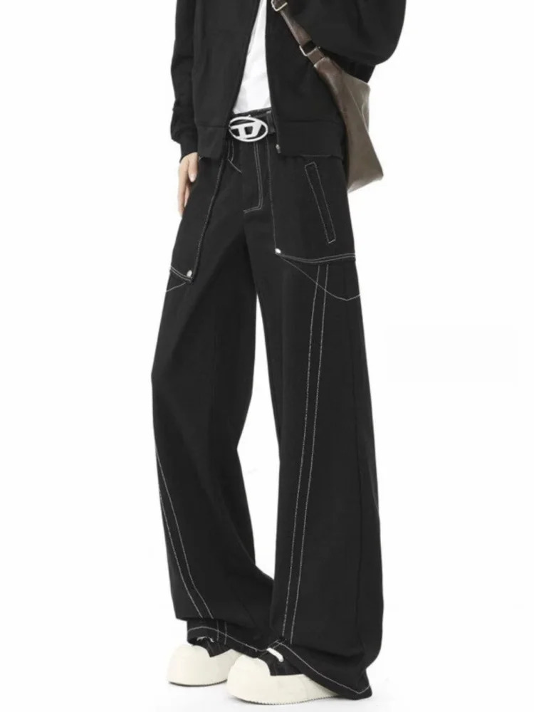 Ropa Y2K Fashion Black Casual Bag Jeans Mens Clothing Straight Wide Legs Long Trousers Pantalon Homme 250403