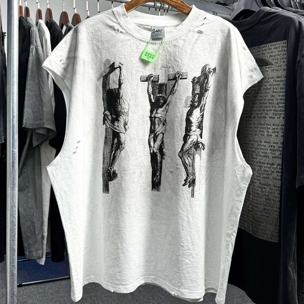 Frog Drift Fashion Street Clothing Quality Retro Hole Printed Retro Top 100% Cotton Summer Loose Mens Oversized Shirt Tank Top 250403