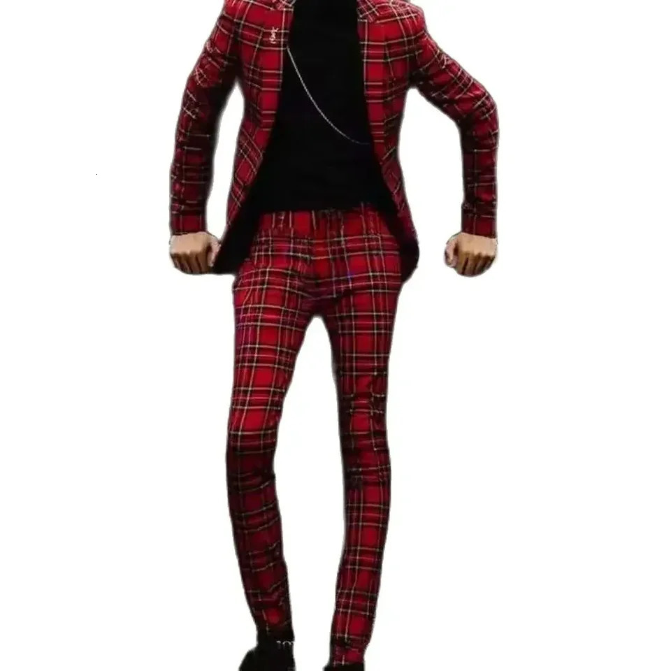 Ultra slim fit mens elegant mens single hole lapel red checkered ball party 2-piece jacket pants mens suit 250402