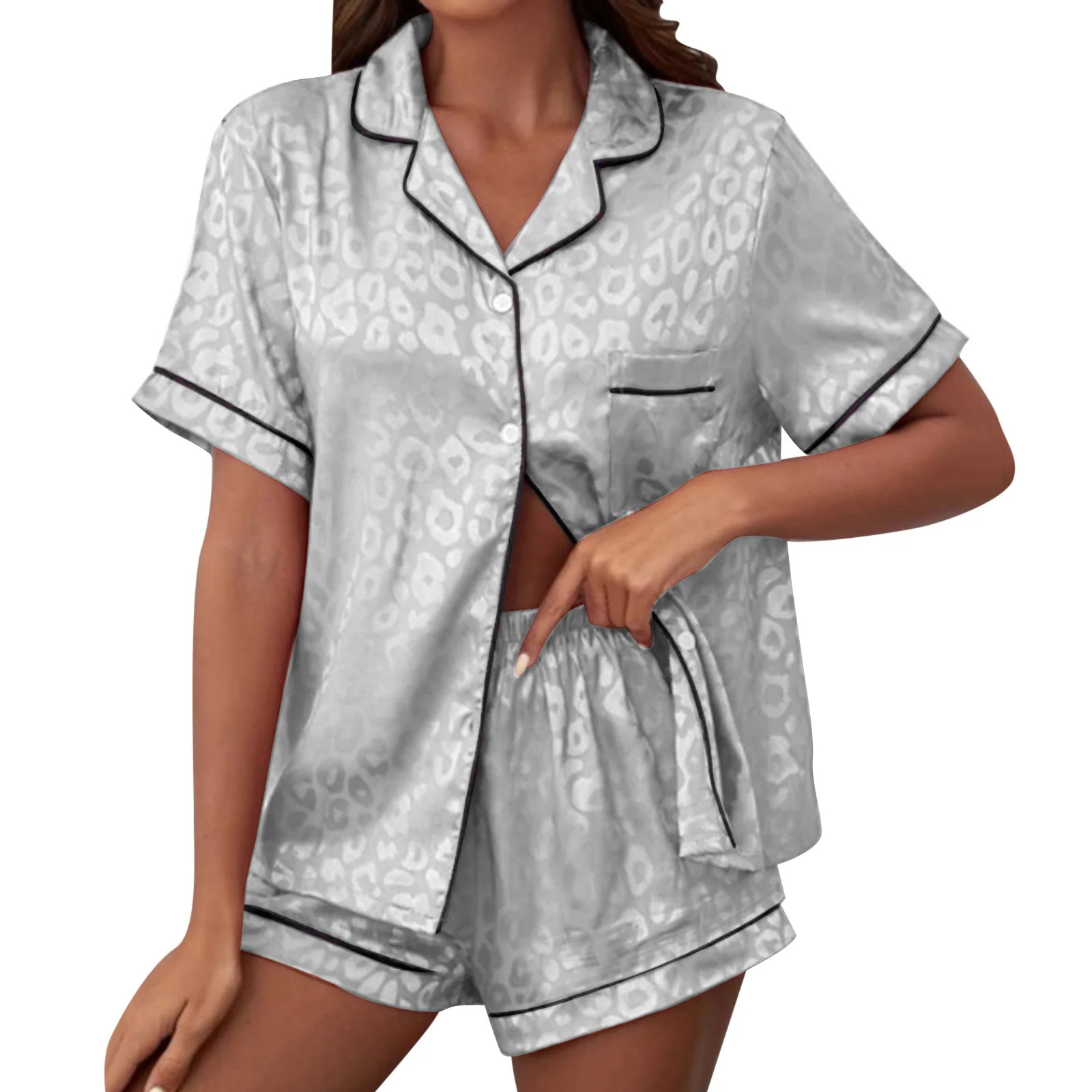 Pajama Set Womens Leopard Satin Short Sleeve Button Top with PJ Underwear 3XL 250313