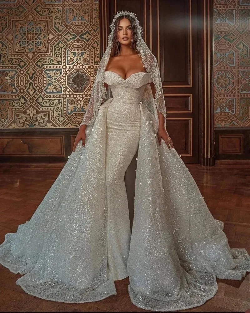 Gorgeous Sequined Wedding Dress Sparkling Crystal Off Shoulder Mermaid Bridal Gown Detachable Train Customized Vestido De Novia