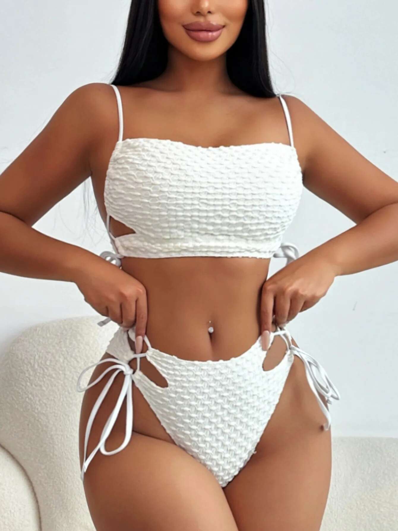 Dongdumaoyi Sexy White Bikini Set Women Hollow Bandage Cross Push Up Drawstring Side High Waist Swimsuit Beach Bathing Suit Swimwear