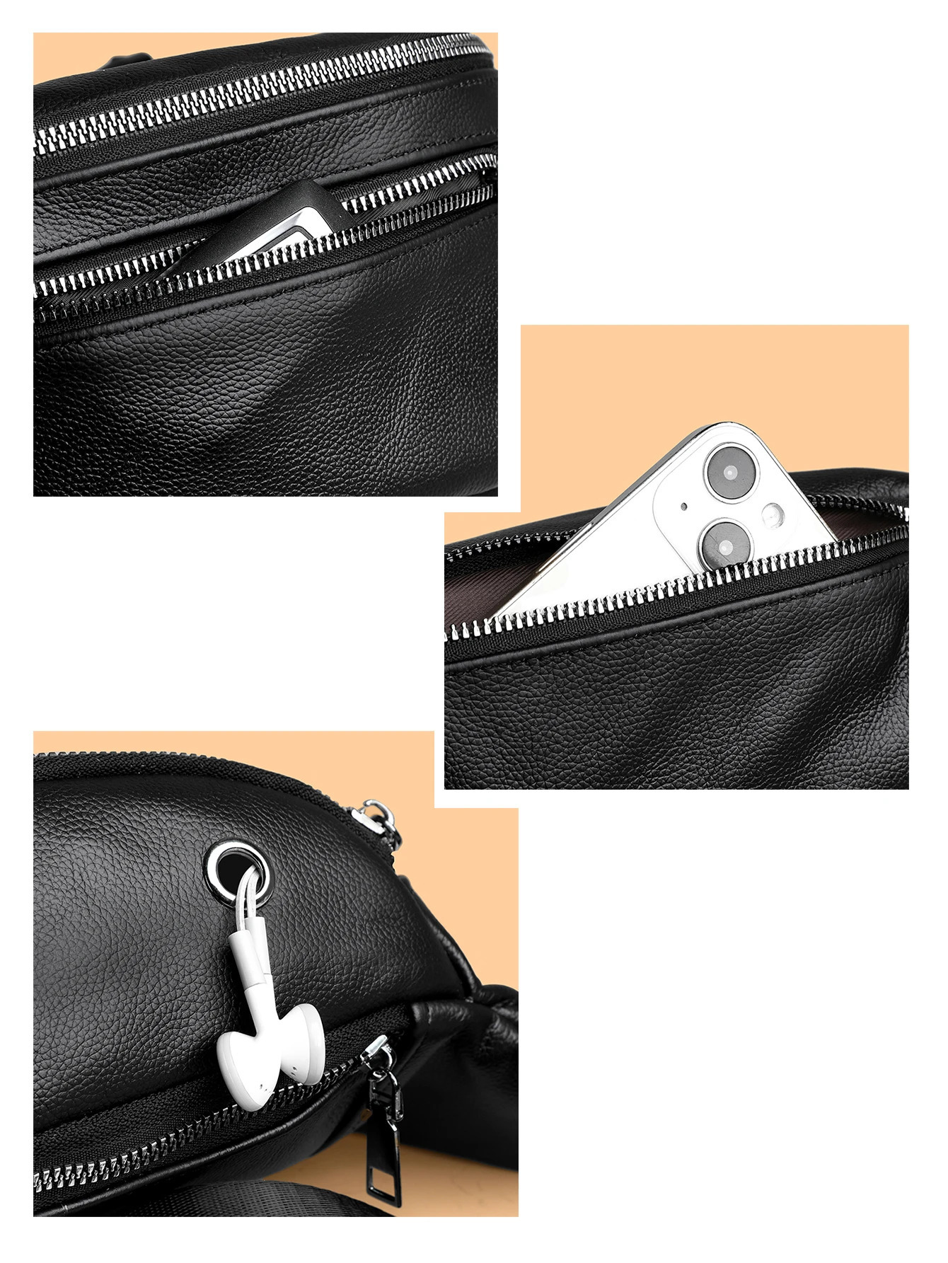 Simple black mens genuine leather Fanny bag lightweight sports waist bag mens belt bag mobile phone chest bag mens small bag 250402