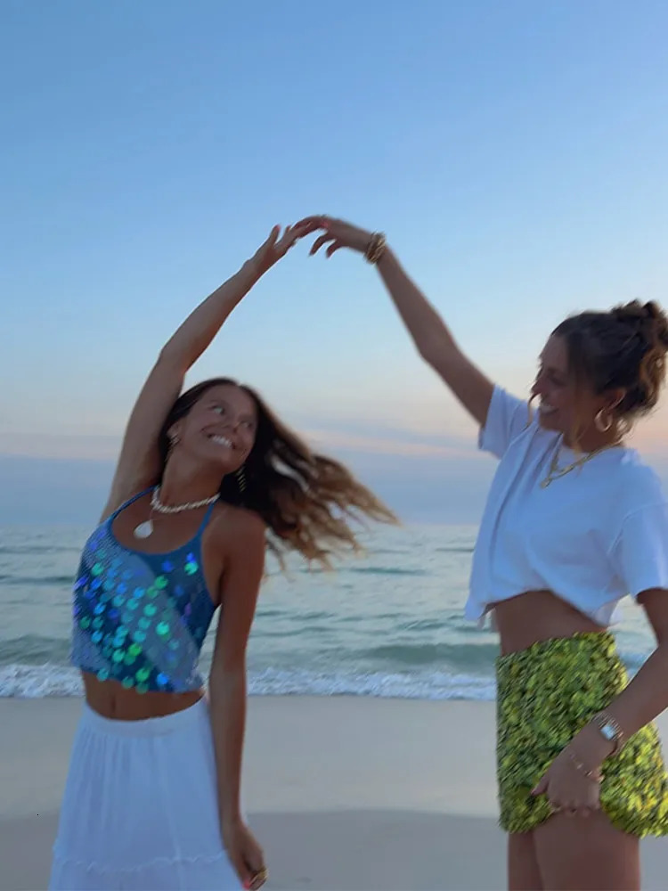 Sexy sequin knitted vest for women strapless ultrathin sling womens crop can spring fashion vacation beach panel top 250407