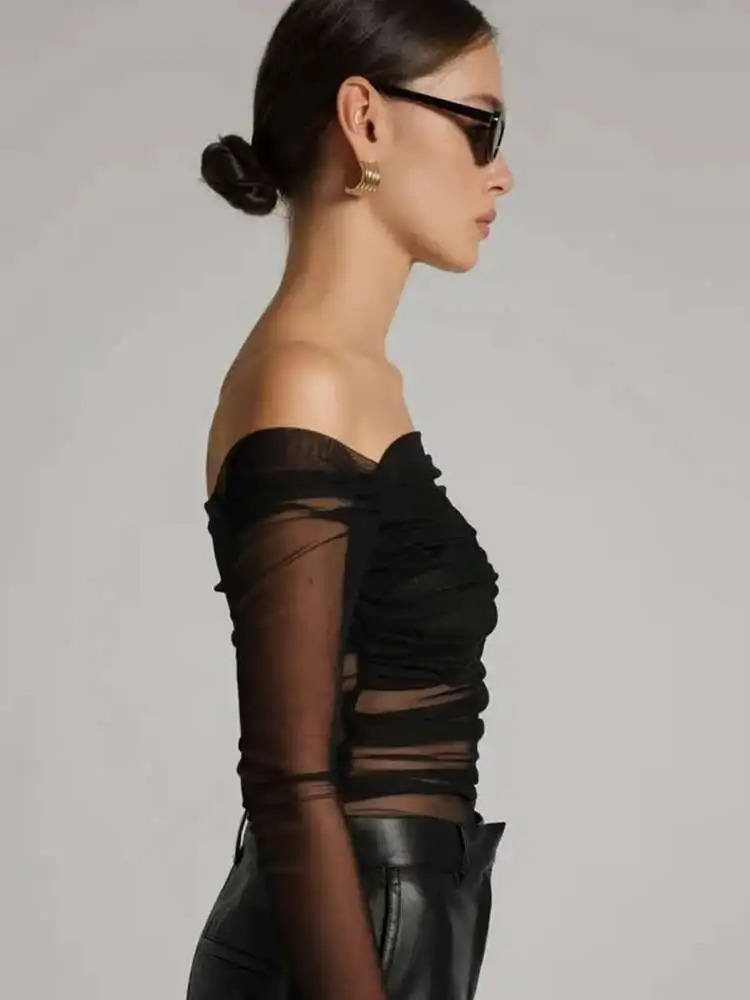 Fantoye sexy see through mesh womens Tshirt white long sleeved shoulder pleated summer ultrathin casual outdoor street clothing 250407