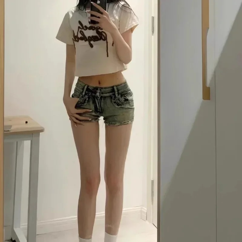 Sexy Straight-Leg Denim Shorts Womens 2025 Summer Low Waist Vintage Blue Jeans Naked Feeling Bubble Butt Pants 250407