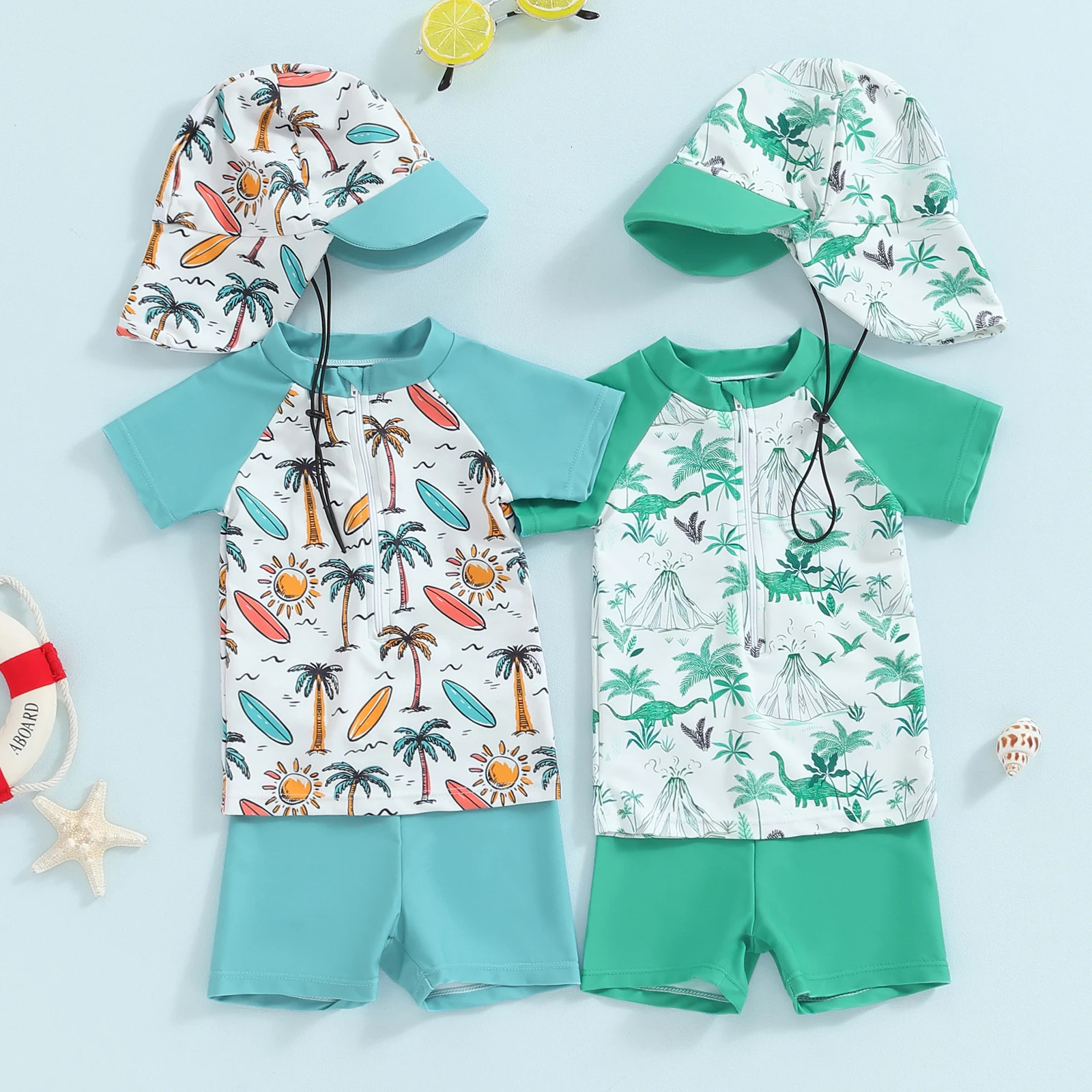 Kids Swimsuit For Baby Girls Boys Rash Guard Beachwear Swimwear Dinosaur Print Short Sleeve Tops Swim Trunks Cap Bathing Suit 250407