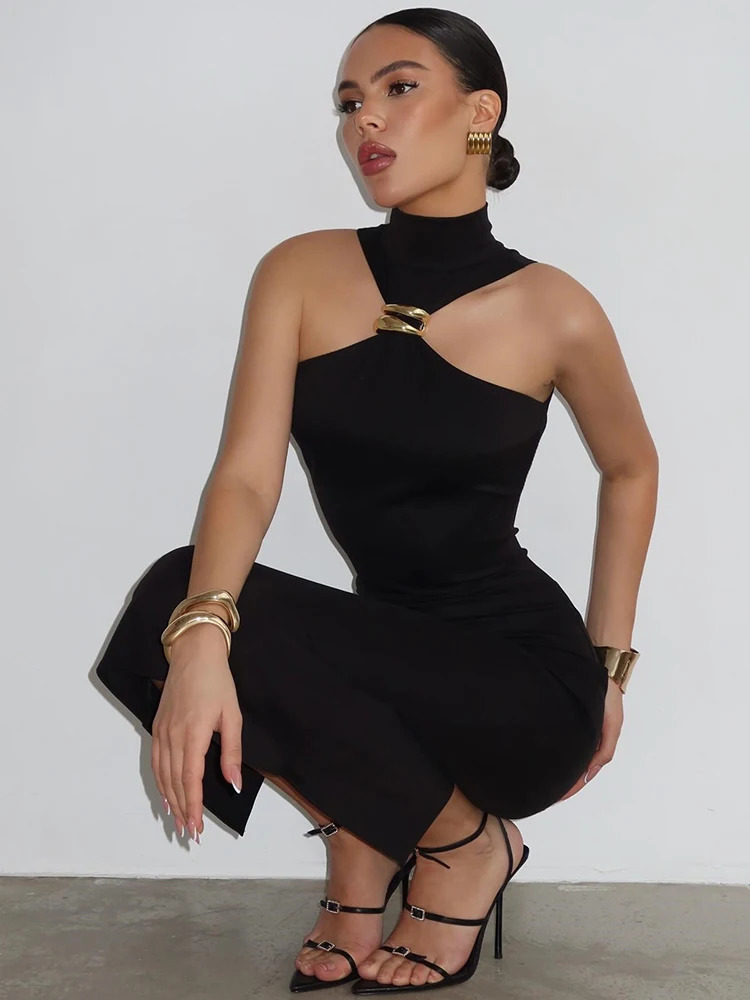 Mozision Turtleneck Shoulder Sexy Maxi Dress Womens Summer Dress Ring Metal Backless Strapless Knitted Long Dress 250402