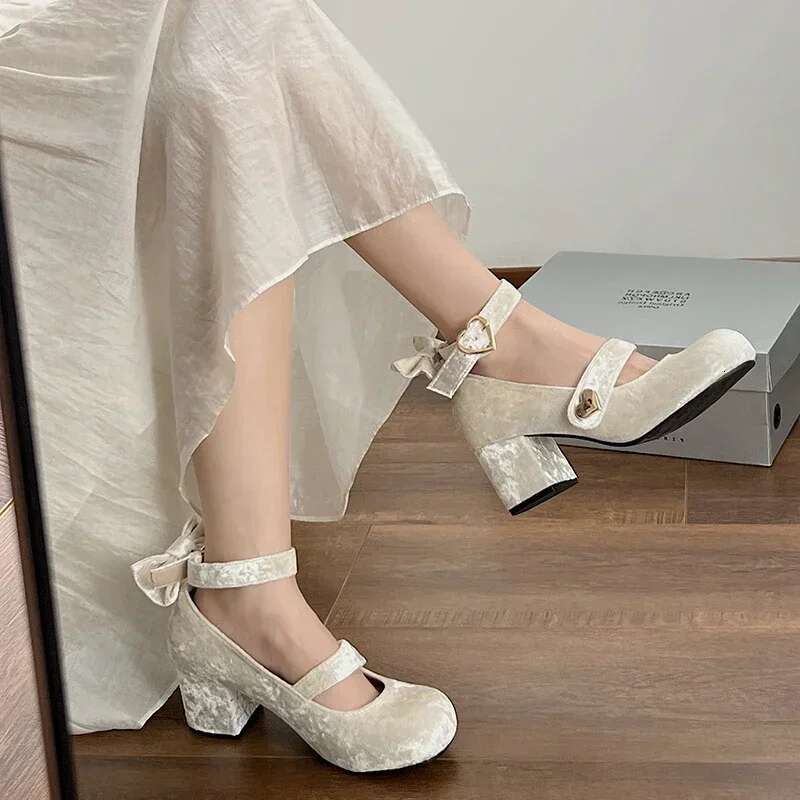 Bow Mary Jane Women Pumps Thick High Heels Female Lolita Square Toe Spring Fashion Party Leather Woman Shoes