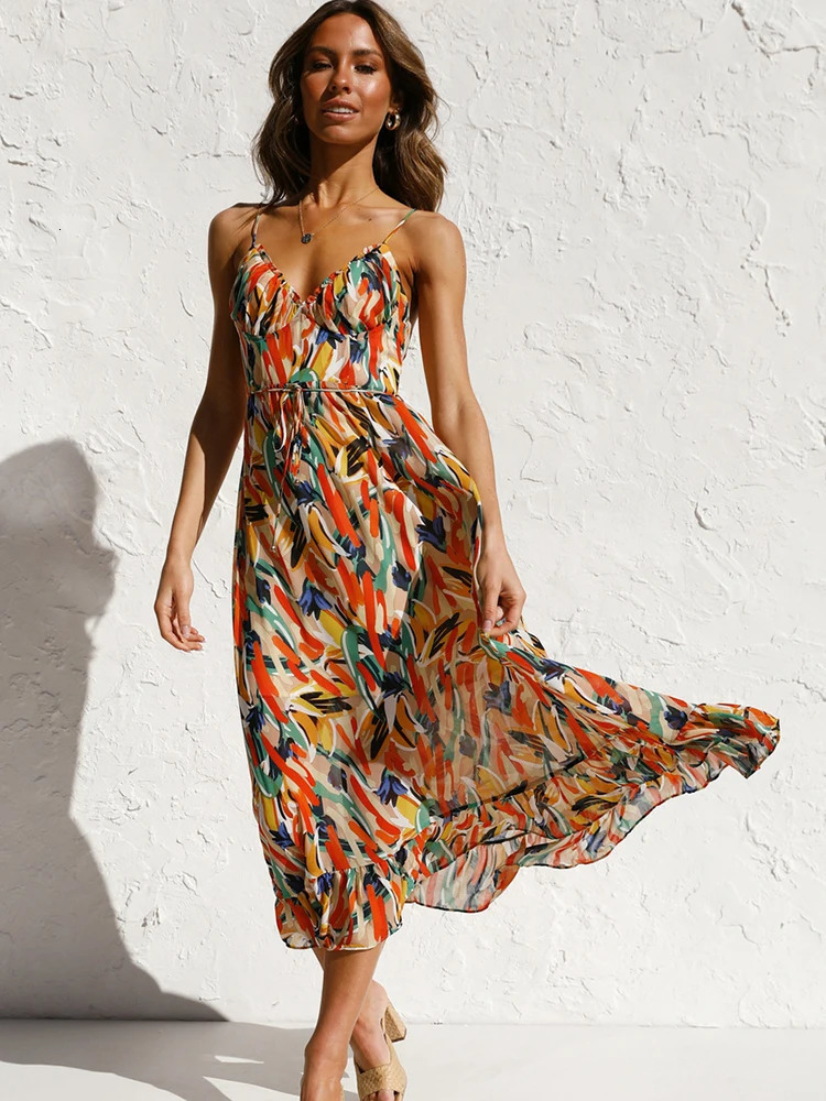Summer womens floral long dress spaghetti strap sexy dress casual beach dress sun skirt womens clothing Bohemian dress 250401