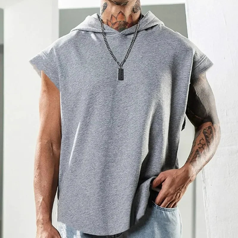 mens fitness Pullover sports casual vest sleeveless hooded loose top 250403