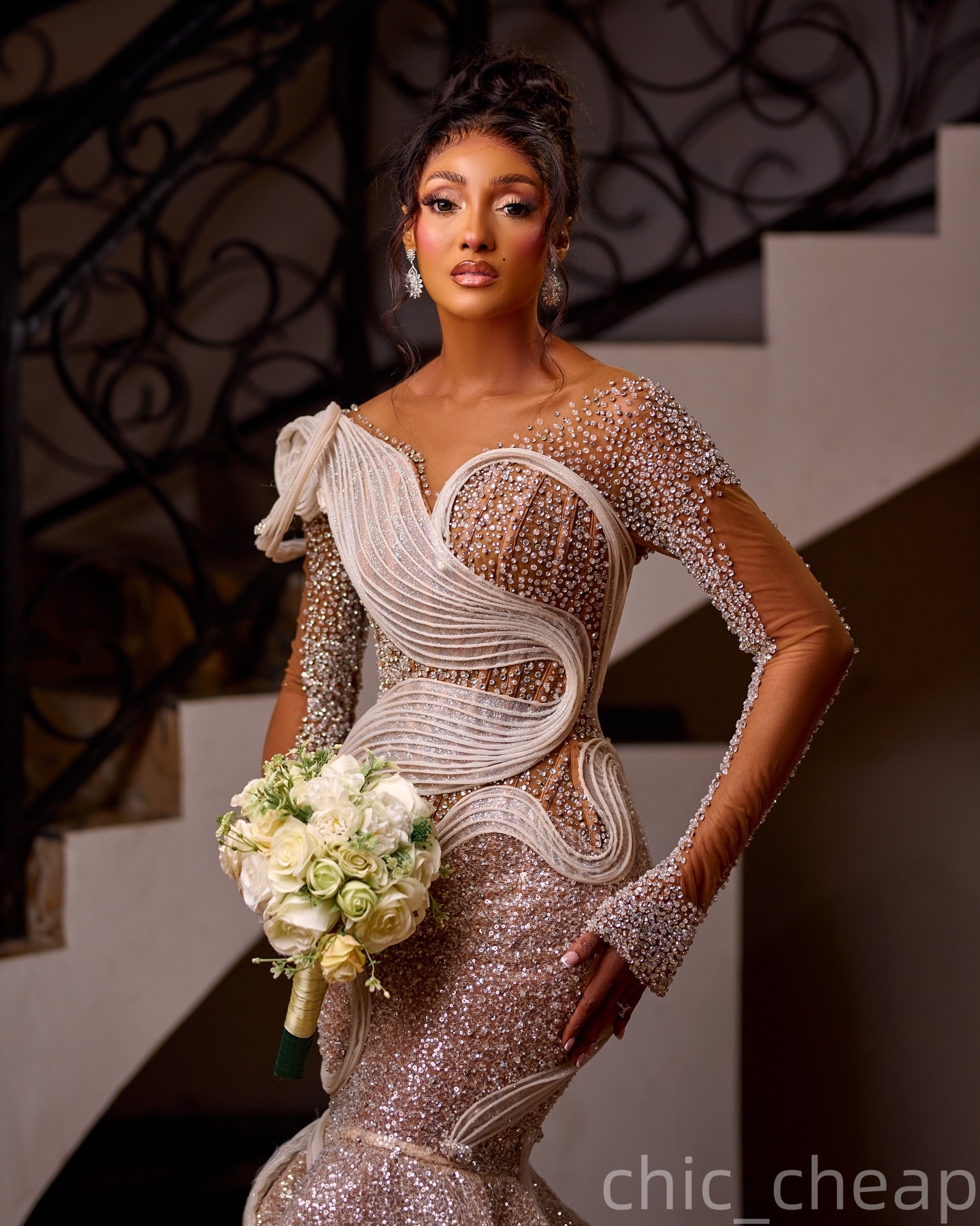 2026 Aso Ebi Plus Size Champagne Mermaid Wedding Dress Illusion Crystals Beaded Full Sleeves Sequined Stylish Bridal Gowns Dresses ZJ0461