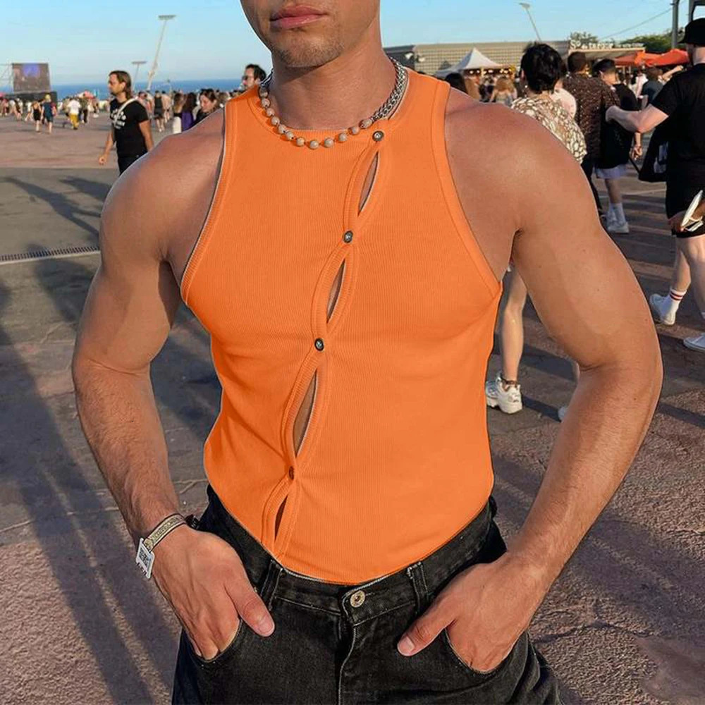 Mens sexy hollow transparent vest sleeveless tight fitting vest summer retro party T-shirt irregular button decoration T-shirt 250403