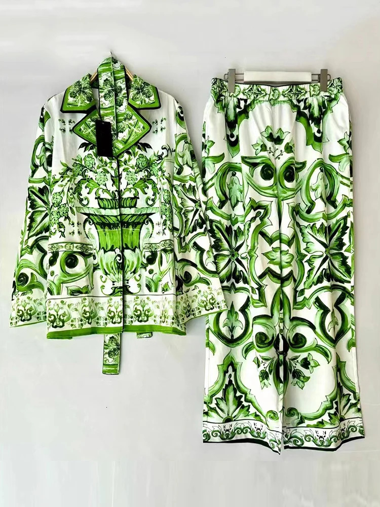 Retro geometric print loose pajama shirt twopiece set for spring womens clothingelastic waist wide leg pants fashion 250407