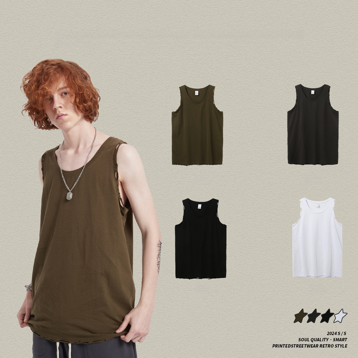 2025 Summer New Product: Washed Water Piercing Camback Top, American Trendy Brand Loose Sleeveless Solid Color Men's Tank Top