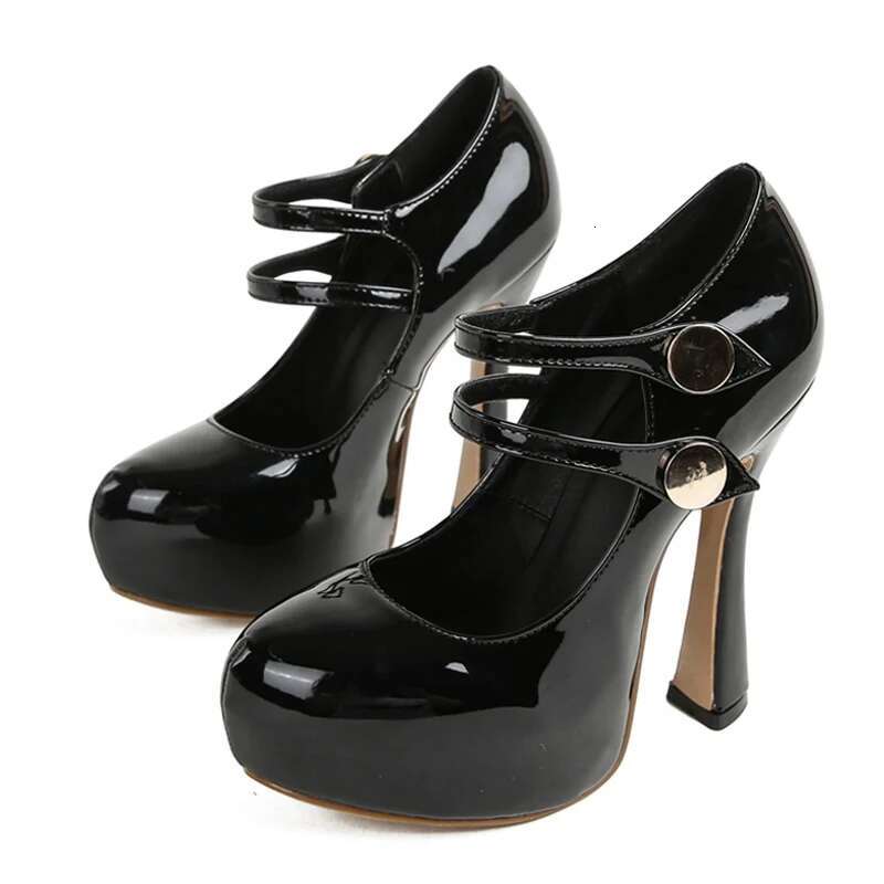 Liyke Fashion Chic Double Buckle Strap Women Platform Pumps Sexy Black Round Toe 13Cm Super High Heels Party Club Stripper Shoes