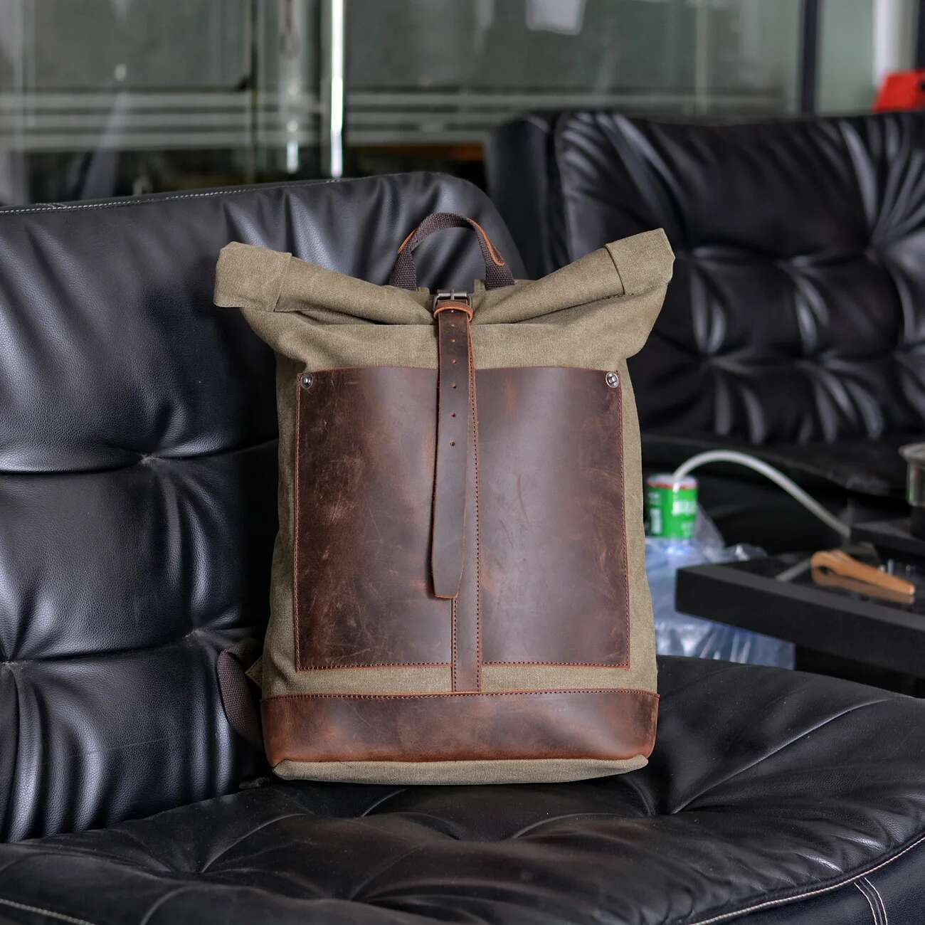 New Vintage Wash Canvas Waterproof Large Capacity Roll Top Expansion Backpack Men's Outdoor Hiking Bag