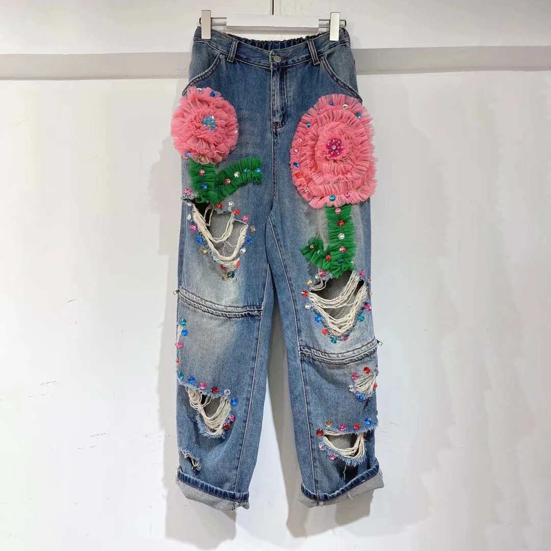 Chic Women Spring Floral Embroidery Diamonds Beaded Holes Denim Pants High Waist Loose Rhinestones Jeans Cowboy Broken Trousers 250403