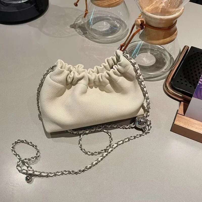 Ruched Design Hasp Open Cloudy Hobo Clutch Beige Small Chain Strap Women Crossbody Bag 100% Cowhide Leather Soft Daily Purse
