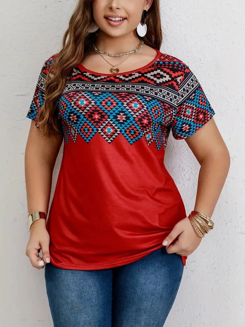 Womens Tshirt Plus Top Fashion Clothing Southwest Printed Casual Round Neck Short Sleeve 250407
