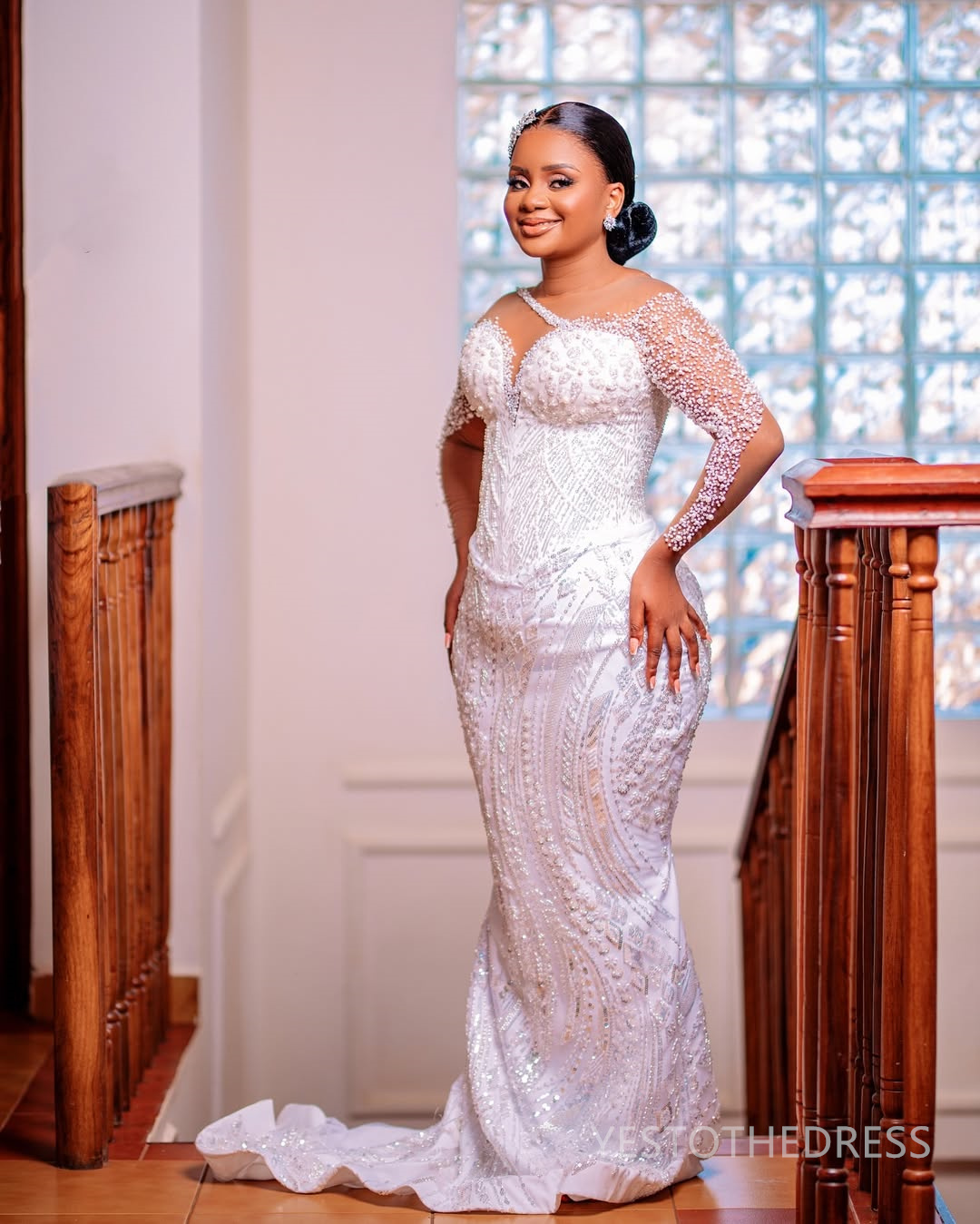 2025 Plus Size Mermaid Wedding Dress For Bride Bridal Gowns Long Sleeves Sheer Neck Long Sleeves Beaded Lace Tiered Tulle Wedding Gowns For African Bl