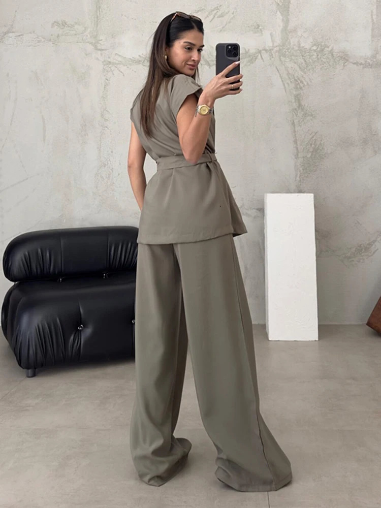 Fashion casual pants twopiece set with springs womens sleeveless lace top cardiganhigh waisted loose wide leg summer solid color 250407