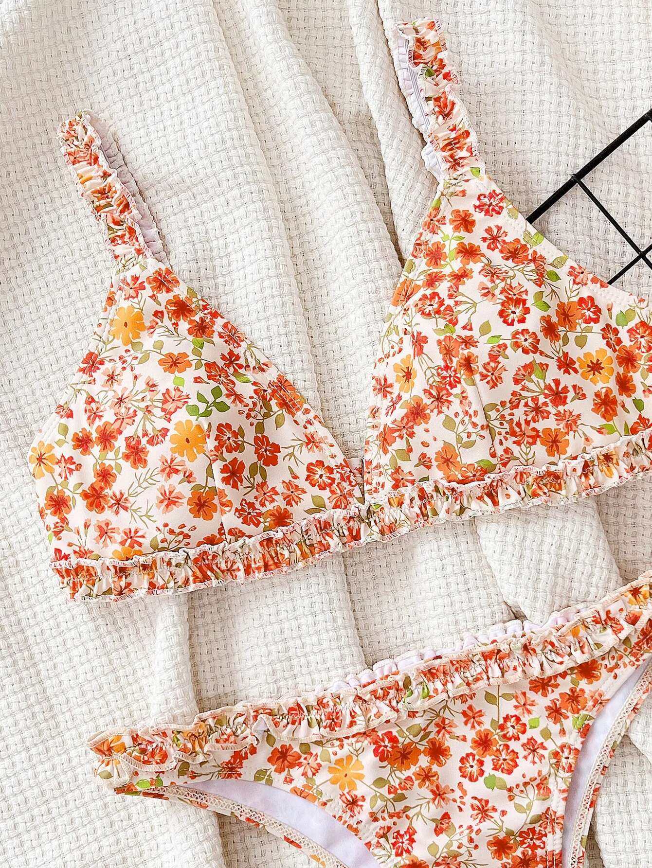Dongdumaoyi Sexy Micro Bikini Woman Orange Floral Print Ruffles Push Up Swimwear Brazilian Beach Bathing Suit Thong Swimsuit Biquini