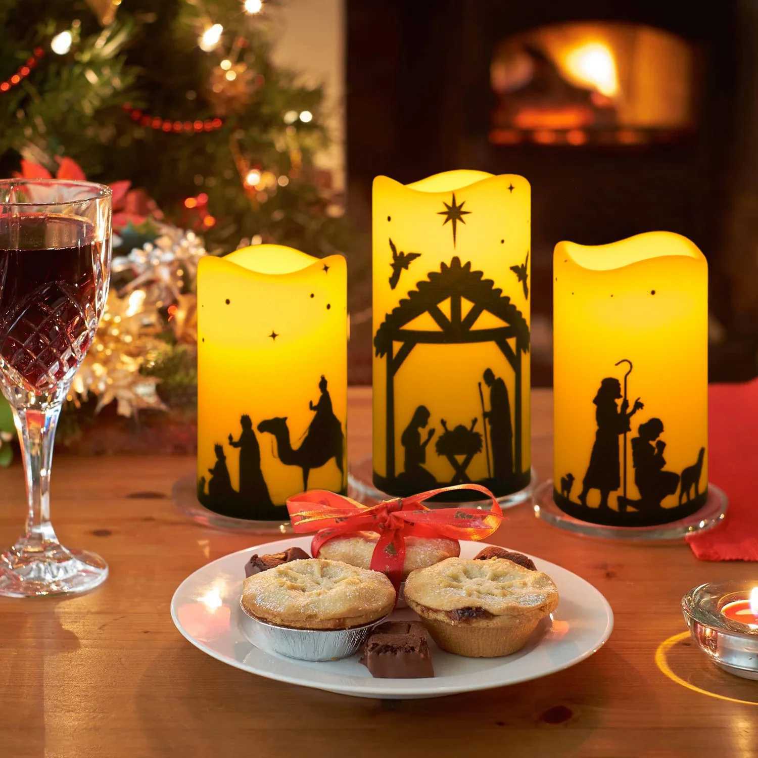 5pcs Flameless LED Christmas Nativity Scene Candle Lights Battery Powered Religious Pillar Decoration for Indoor Holiday Home W251107