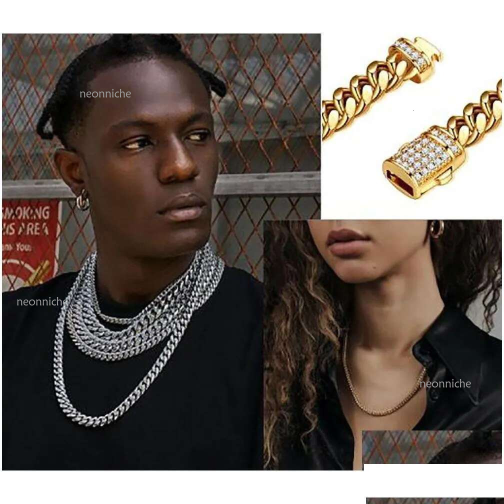 Chains Mens White Gold Tone 316L Stainless Steel Cuban k Chain Necklace Curb With Dias Clasp Lock Drop Delivery Jewelry Nec Otb