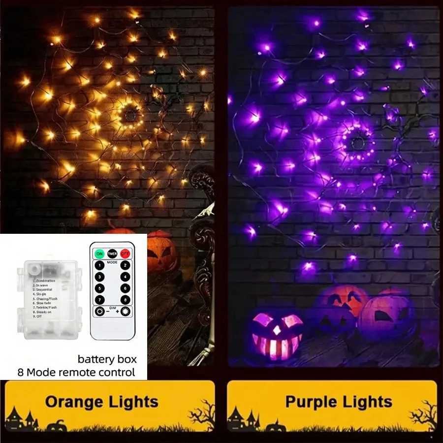Halloween Window Decorations Purple Spider Web String Lights with 70 LEDs Battery Powered Remote Control 8 Modes for Party Decor W251107