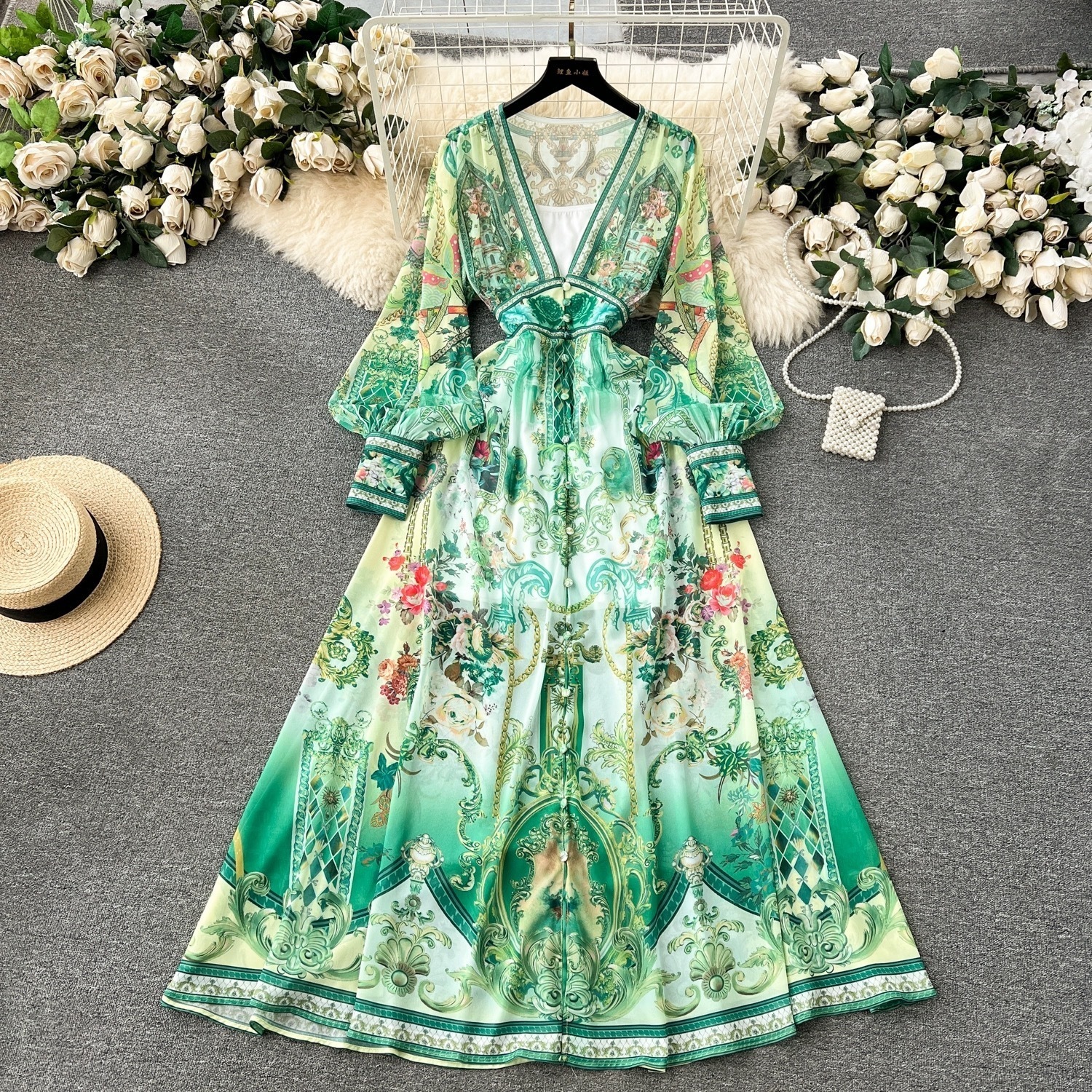 Basic Casual Dresses Runway Flower Elegant Chiffon Maxi Dress Women Deep V Neck Long Sleeve Floral Print Holiday Party Split Robe Vestido 230801