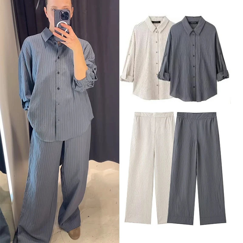 TFMLN Womens Fashion Pants Set Striped Shirt High Waist Wide Leg Elastic Mens Casual Spring 250407