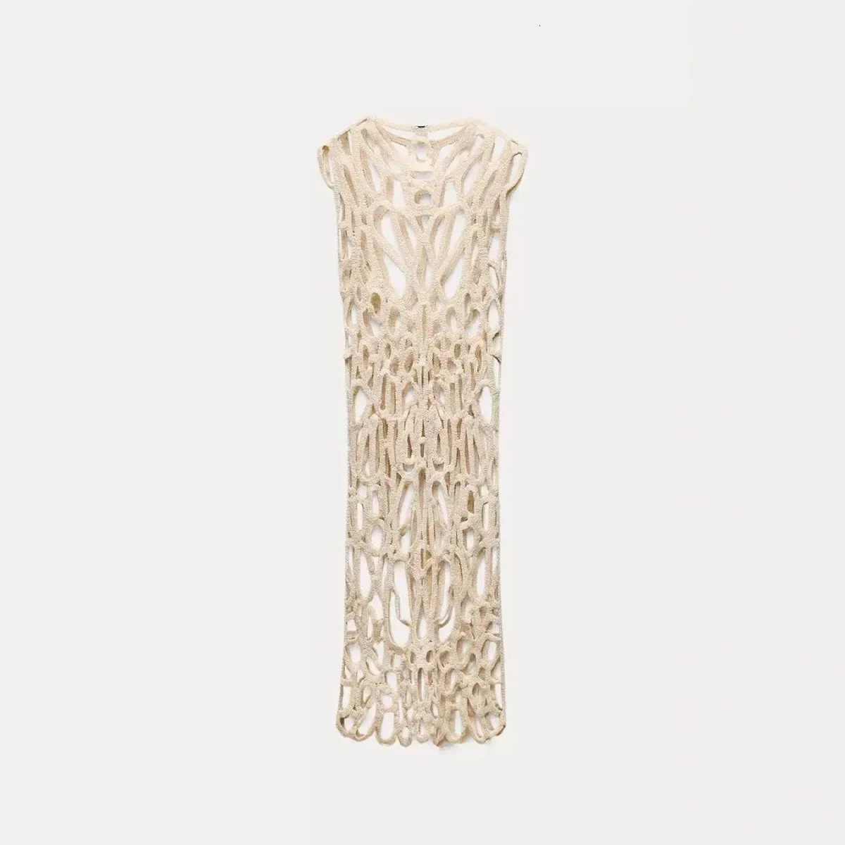 Sexy diamond hole knitted cotton thread crochet Midi dress sleeveless hook knitted 90-135 pounds Z Home 250402