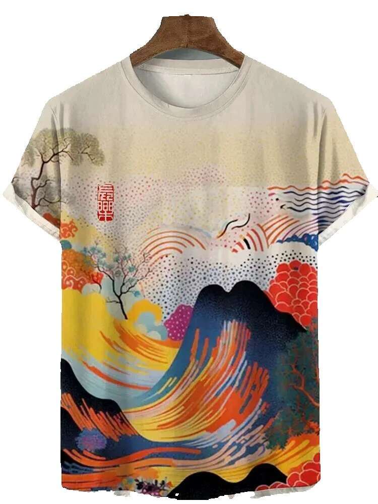 Men's Japanese ukiyo-e short sleeved T-shirt top 3D printed round neck shirt for summer casual men's wear