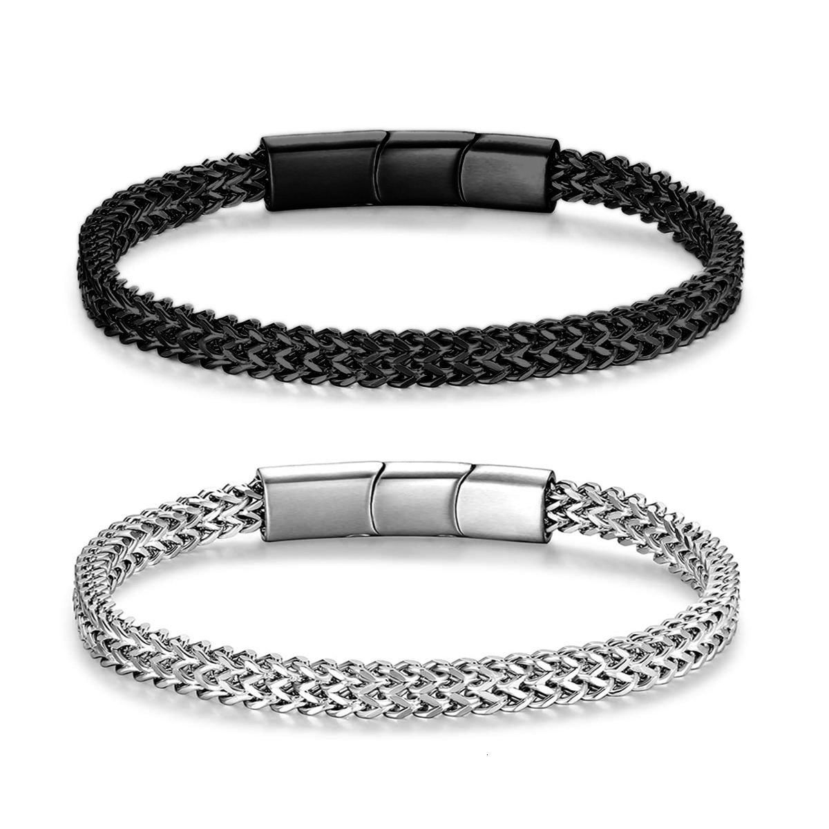 Wind hip-hop men's simple trendy front and back stainless steel three section magnetic buckle woven bracelet