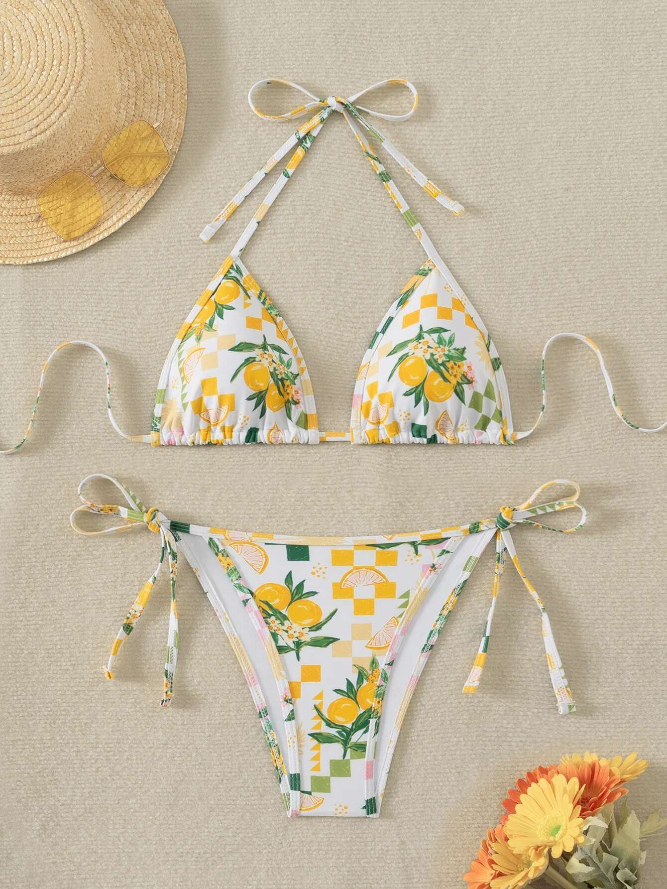 Dongdumaoyi Sexy Yellow Floral Print Bikini Set Women Halter Push Up Bra Thong Swimsuit Brazilian Beach Bathing Suit Micro Swimwear