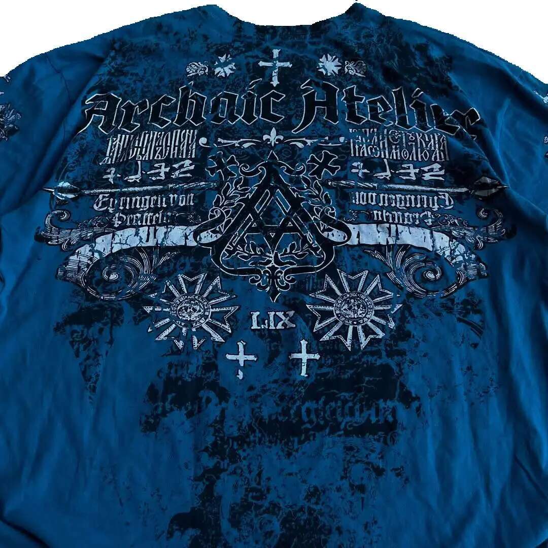 Men's short sleeved T-shirt, cotton, vintage streetwear, blue printed letters, hip-hop, gothic, punk, Y2K